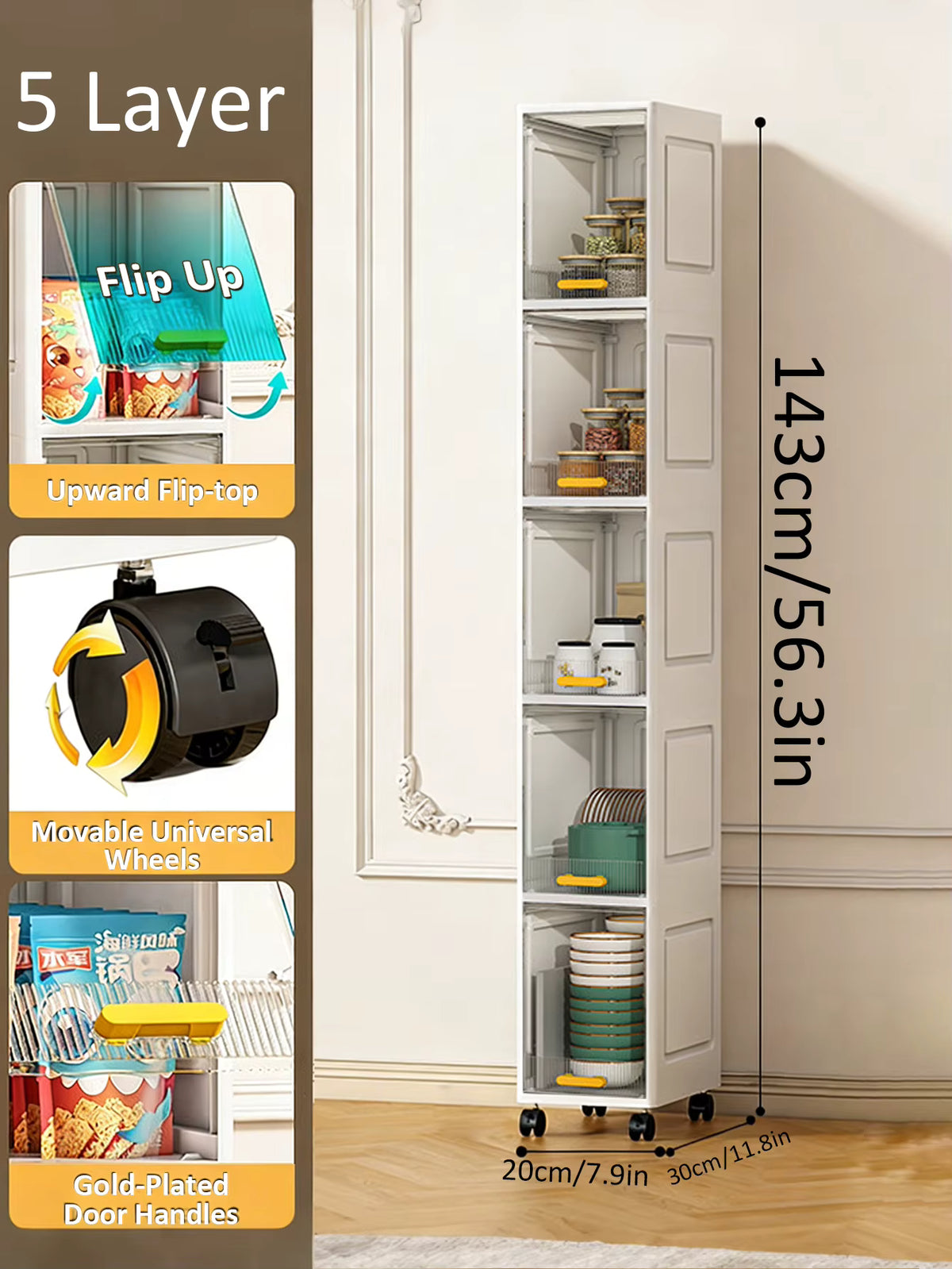 A tall white 5-layer storage cabinet with door handles and wheels, shown in a room setting with overlaid dimensions and feature callouts on the left side.