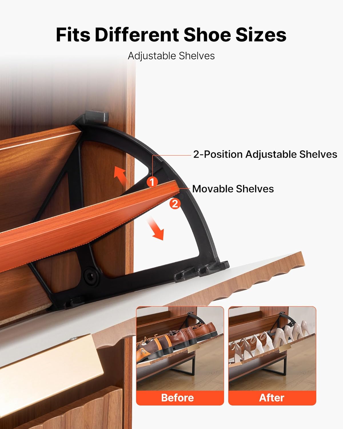 Shoe rack with adjustable shelves showing before and after usage on a white background.