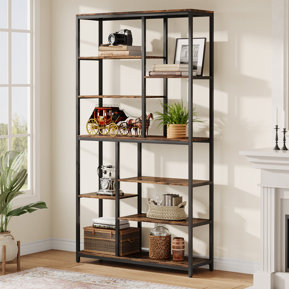 Extra-tall eight-tier bookcase with rustic brown shelves and a black metal frame