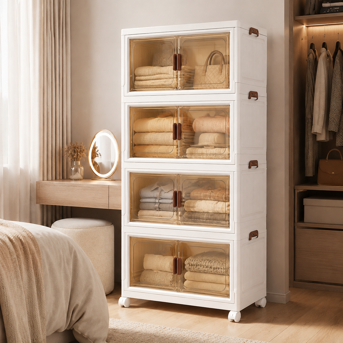 Foldable rolling storage cabinet with clear front doors and stacked enclosed compartments