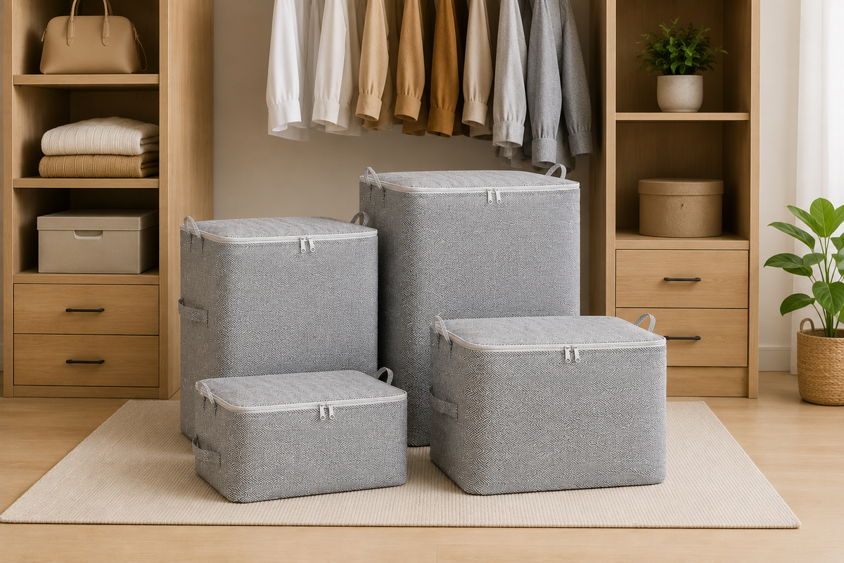 Four gray fabric storage bins with zipper closures in different sizes, arranged on a light rug in front of a wooden closet organizer filled with folded clothes and accessories.