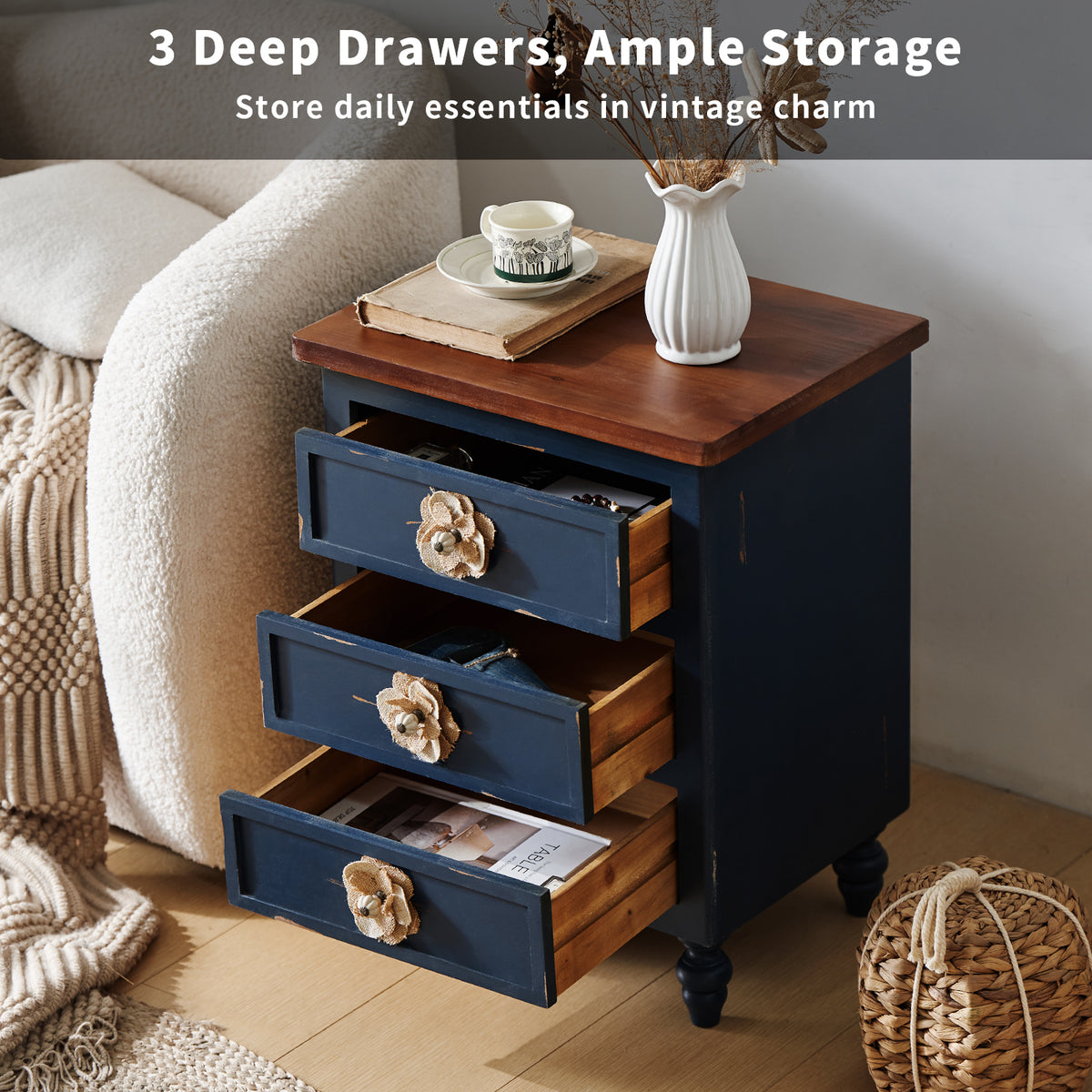 Navy blue nightstand with wooden drawers in a home setting