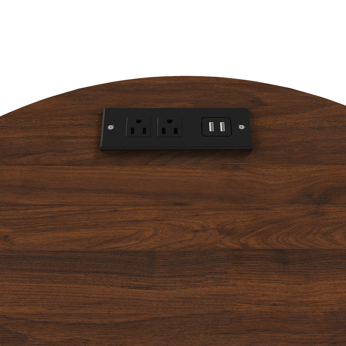 Wooden surface with a black electrical outlet and USB port.