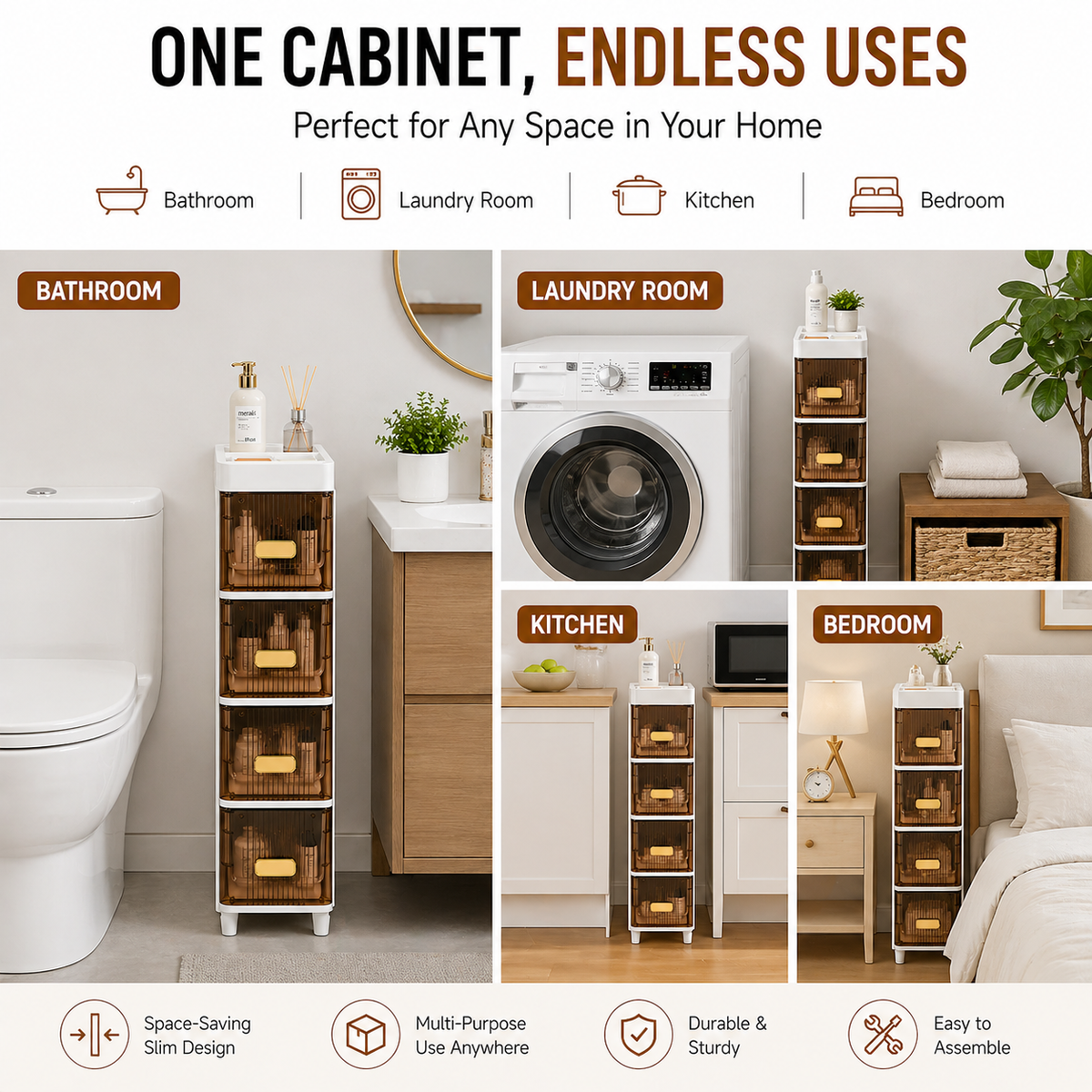 A promotional collage showing a tall, narrow white storage cabinet with multiple wooden drawer fronts in different home settings: bathroom, laundry room, kitchen, and bedroom. Large text at the top reads 'ONE CABINET, ENDLESS USES' and lists use cases; icons at the bottom highlight space-saving design, multi-purpose use, durability, and easy assembly.