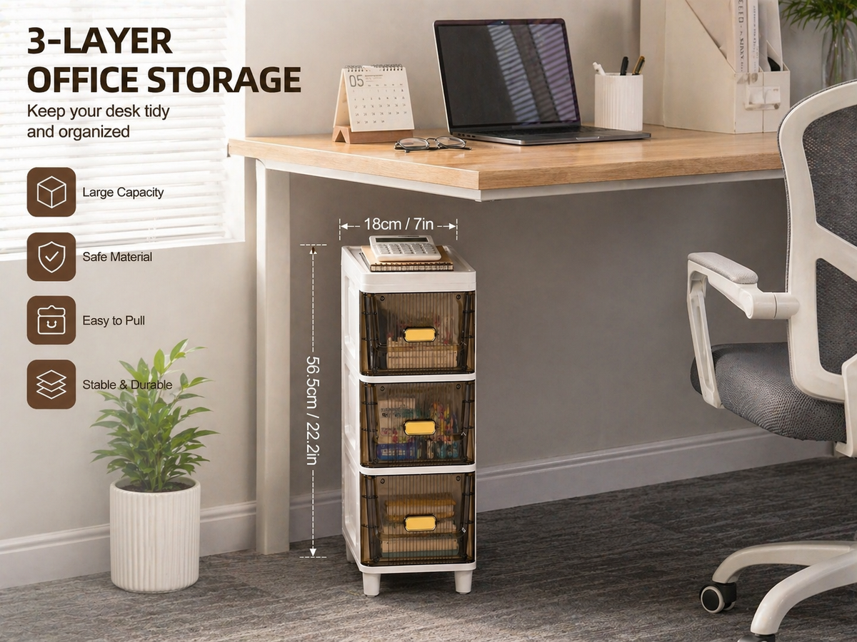 A 3-layer office desk organizer with clear plastic mesh drawers and white plastic frames, shown under a wooden desk in a home office setting. The image includes dimension markings (18cm/7in drawer width and 56cm/22in total height) and feature callouts on the left.