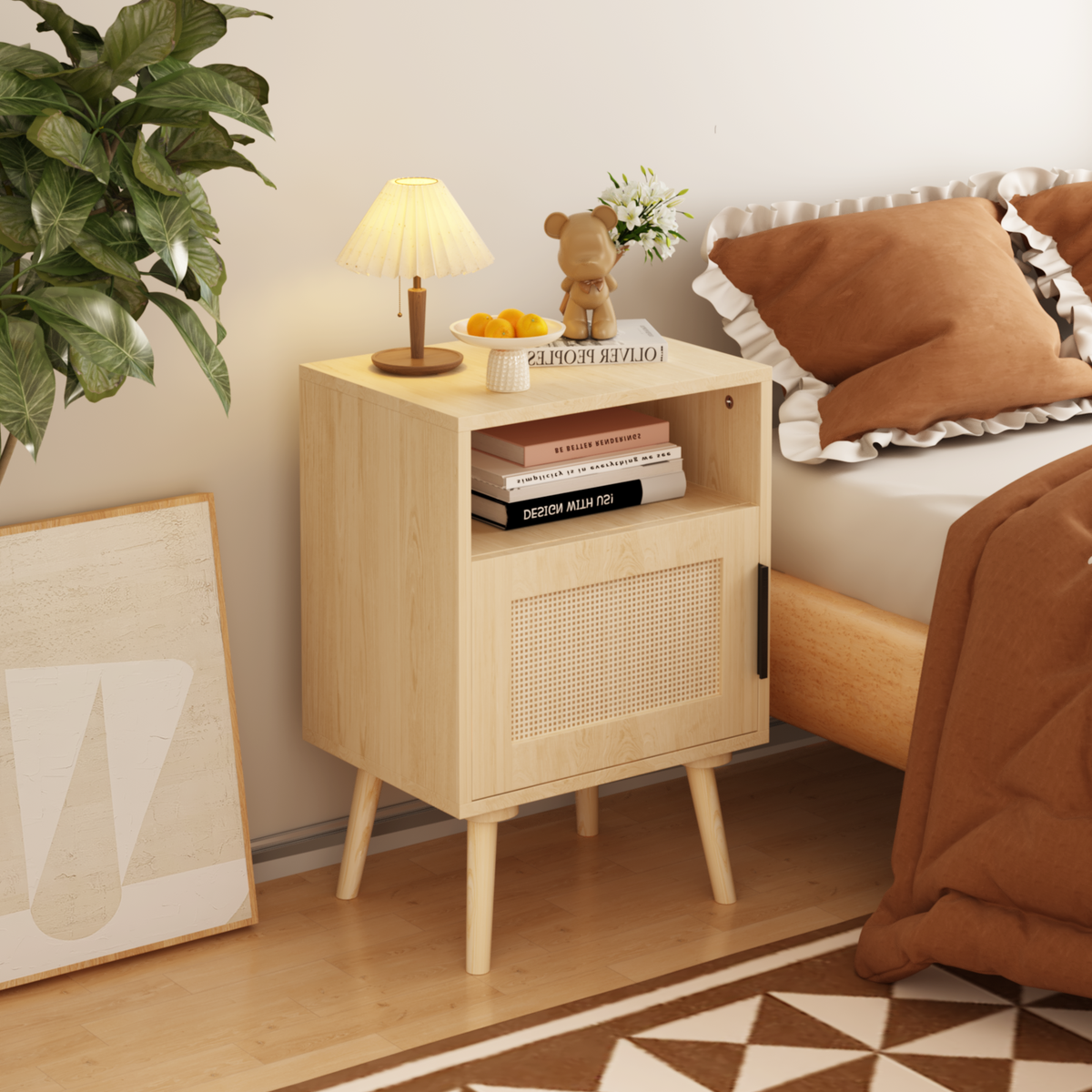 Wooden nightstand with books, lamp, and decor in a bedroom setting