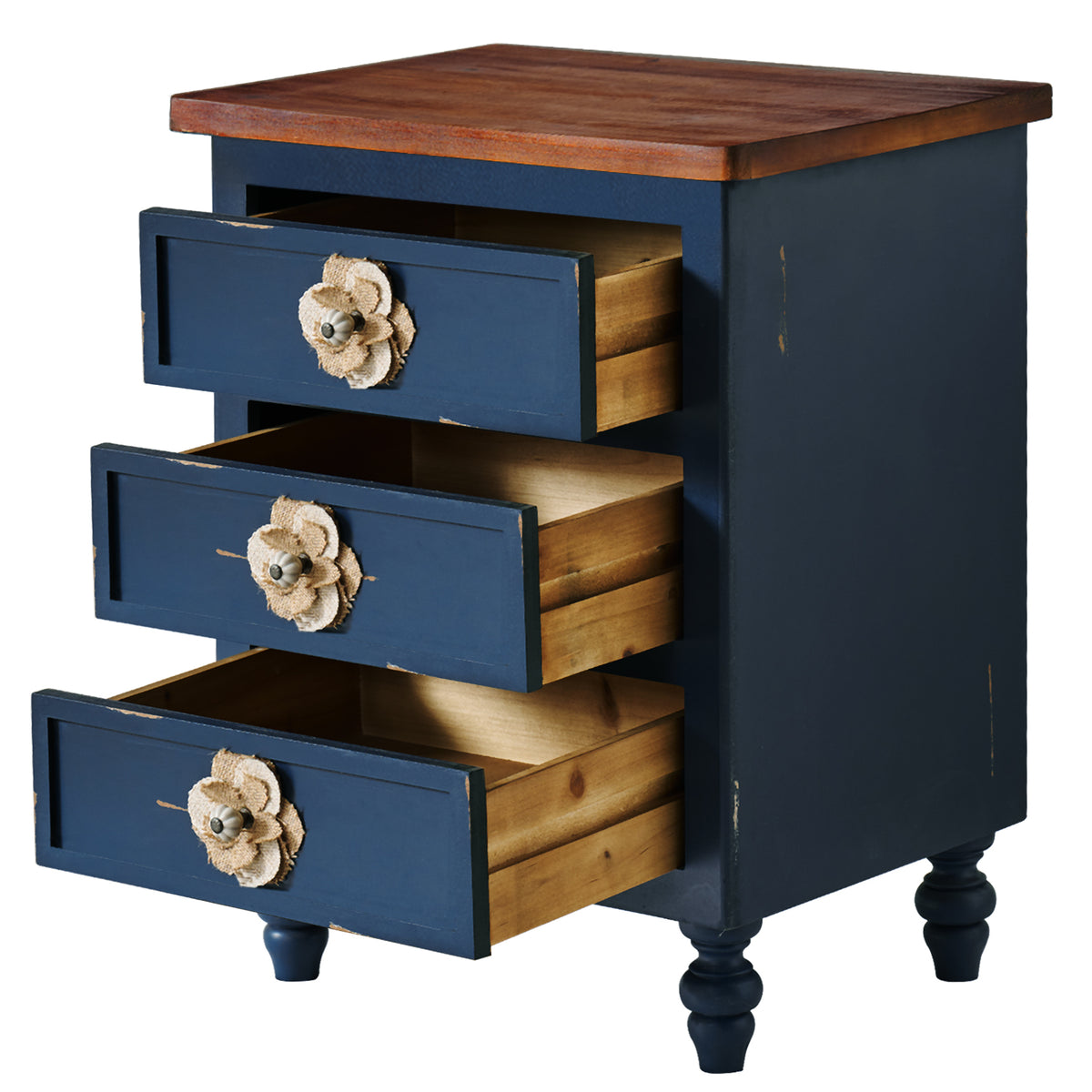 Wooden nightstand with blue painted body and natural wood drawers on a white background