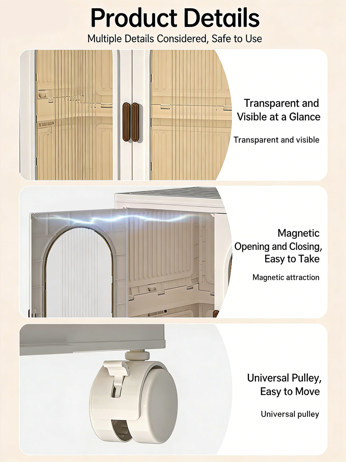 Product details infographic showing three features of a transparent and visible magnetic cabinet door handle: transparent and visible at a glance, magnetic attraction for opening and closing, and a universal pulley for easy movement.