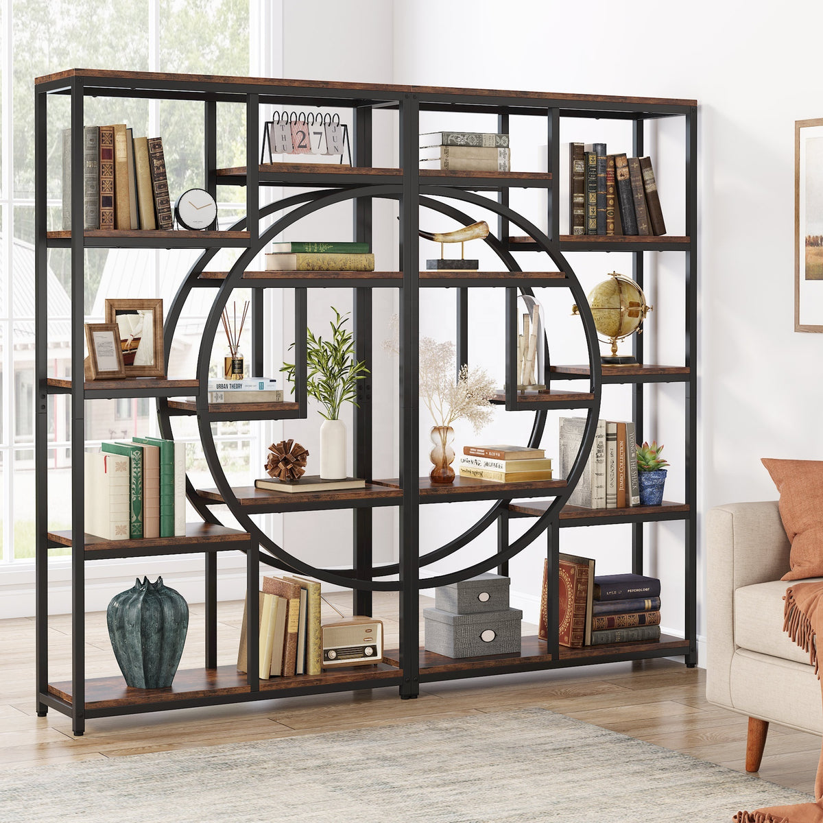 Decorative bookshelf with circular design in a living room setting