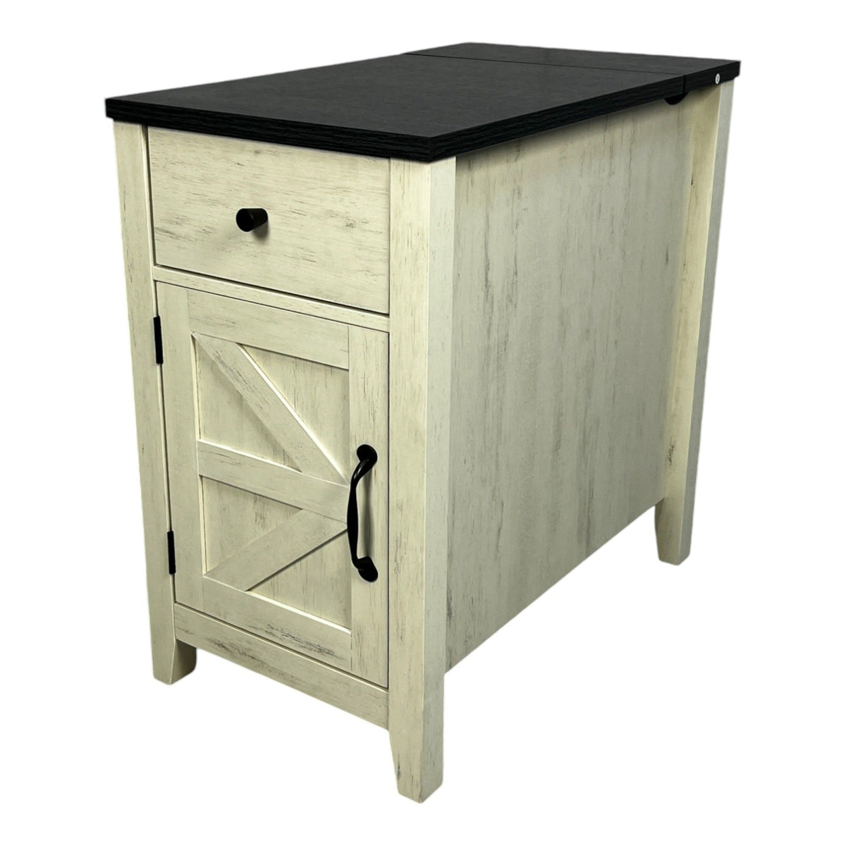 Wooden side table with black top on a white background