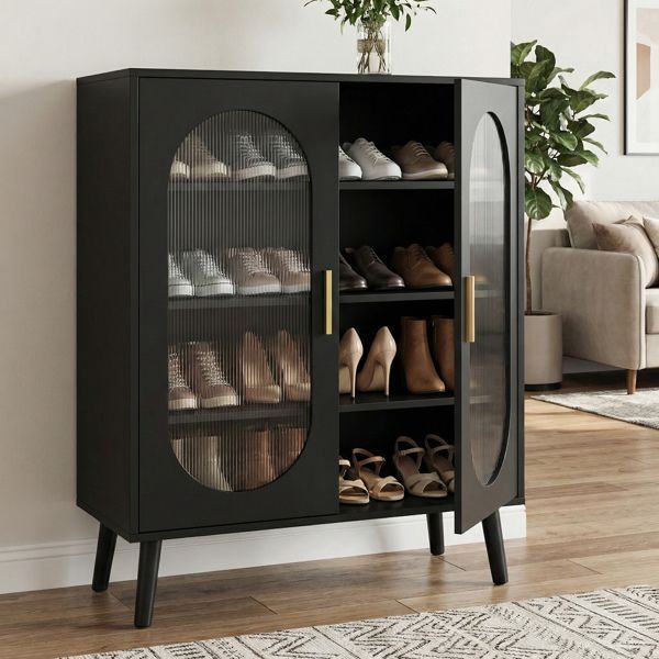 Black two-door shoe cabinet with translucent panels in a living room