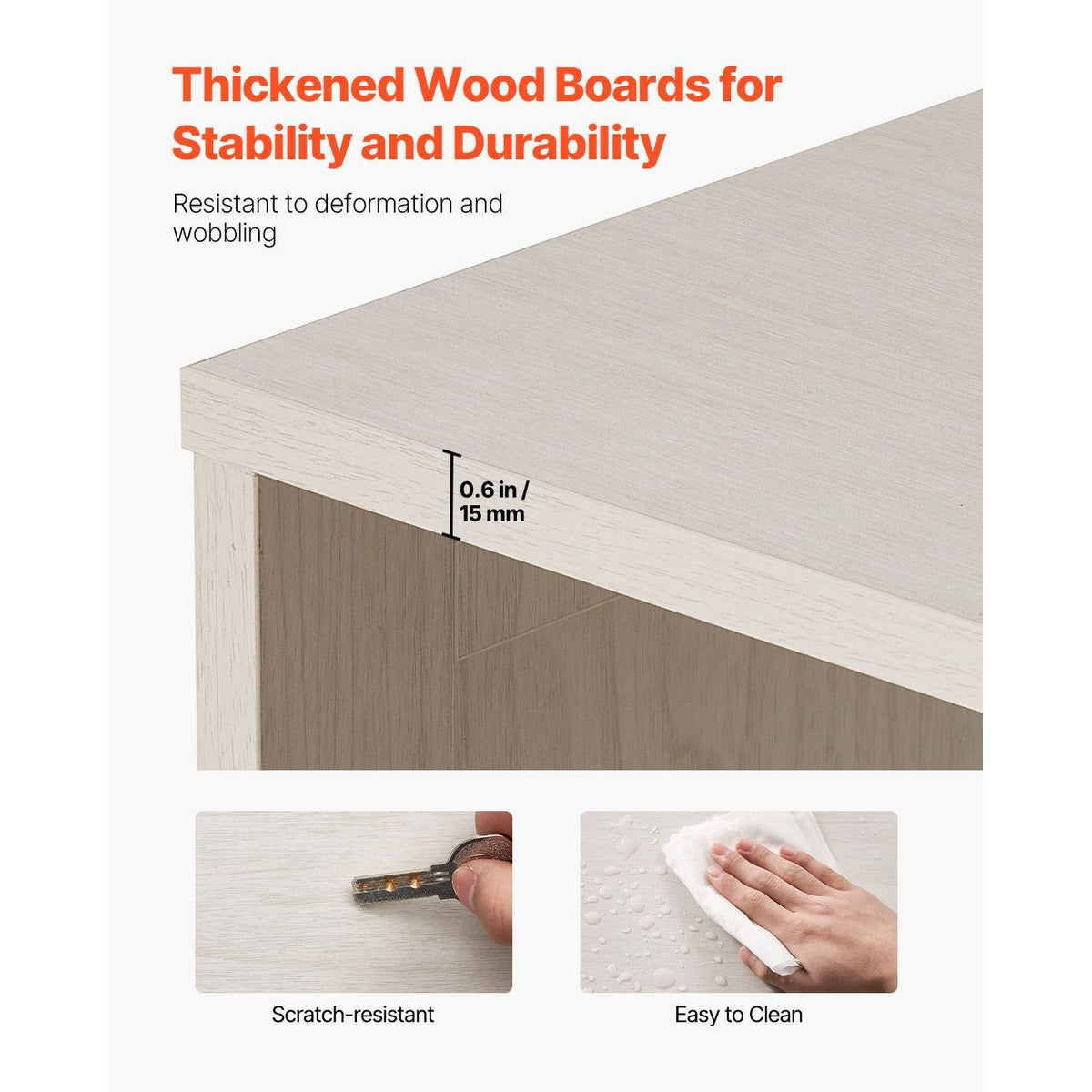 Wooden board with text highlighting thickness, stability, durability, scratch-resistance, and ease of cleaning.