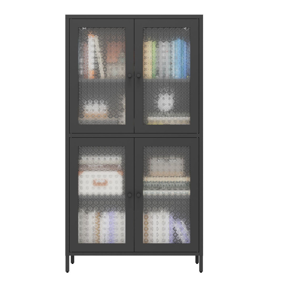 Black metal cabinet with mesh doors displaying various items on a white background