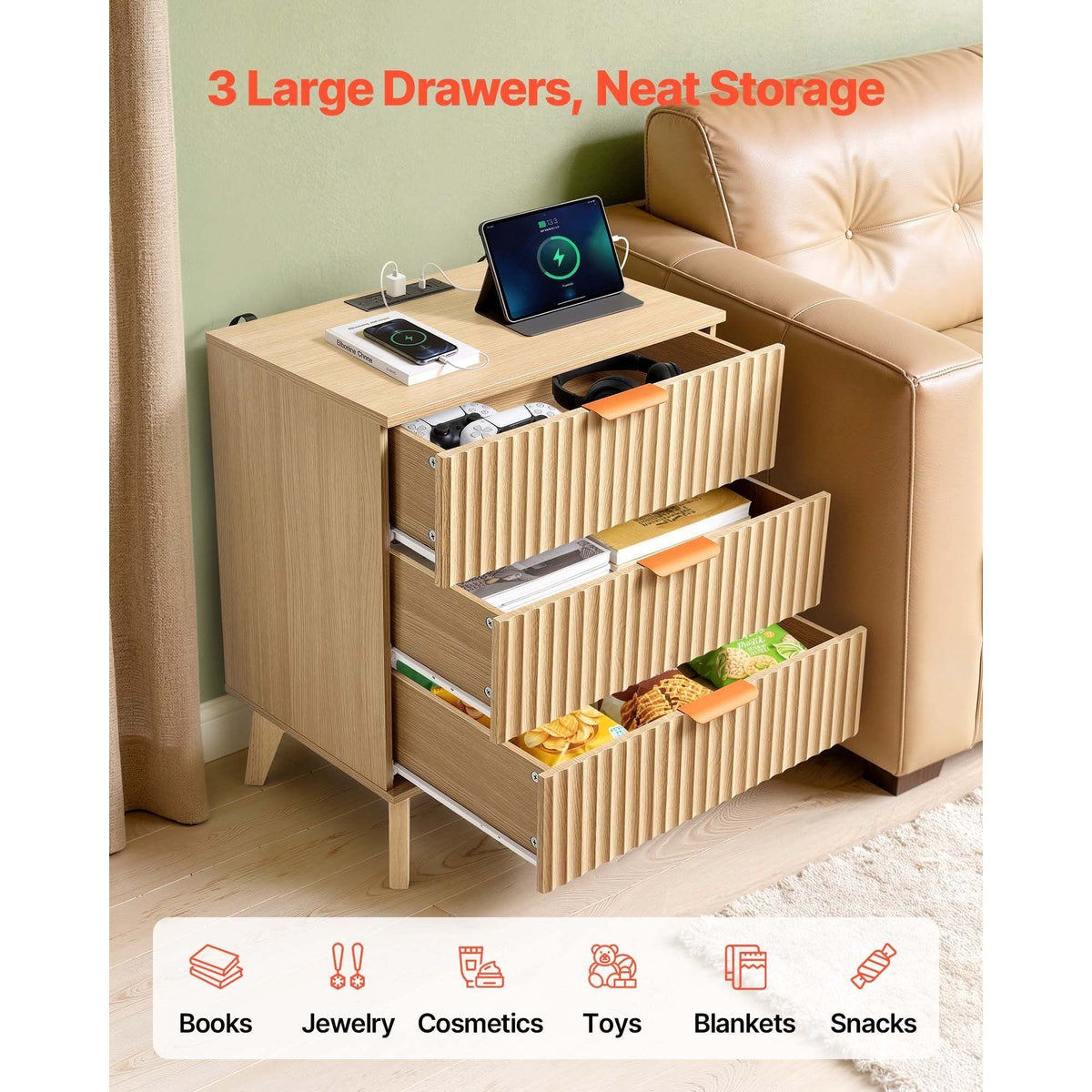 Wooden side table with three drawers in a living room setting, featuring a tablet and other items.