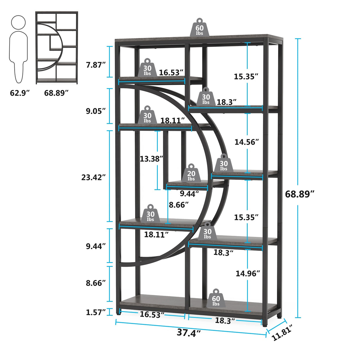 Measurement chart of a bookshelf with dimensions and weight capacity labels.
