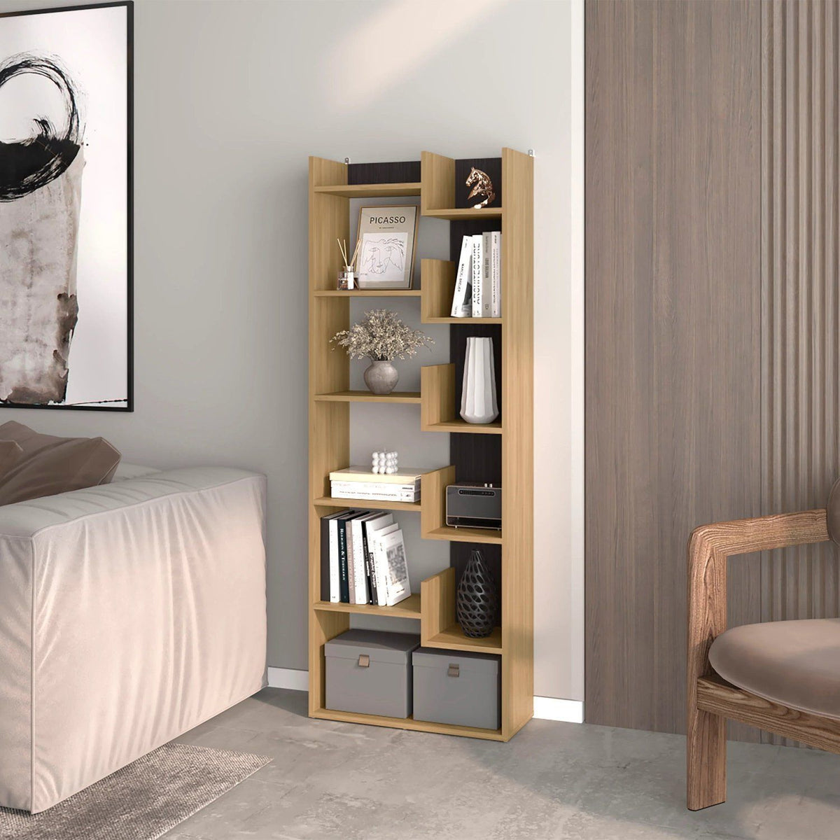 Wooden bookshelf in a room with a sofa and chair