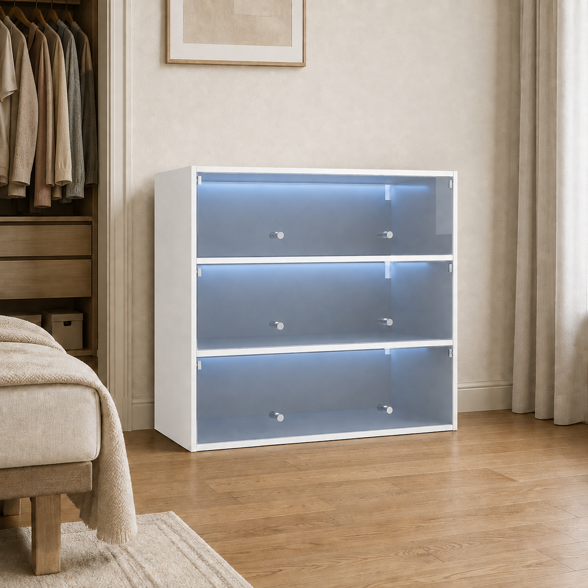 LED shoe display white glass