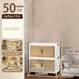 A white two-layer rolling storage cabinet with clear plastic doors and wooden slat fronts, shown in a room setting with overlaid dimension callouts and text describing size and features.