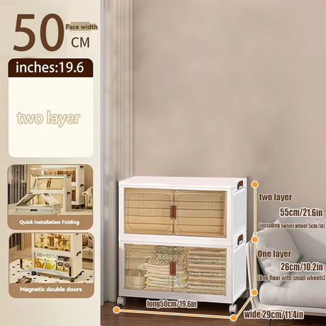 A white two-layer rolling storage cabinet with clear plastic doors and wooden slat fronts, shown in a room setting with overlaid dimension callouts and text describing size and features.