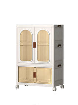 A tall rolling storage cabinet with a white frame, translucent beige ribbed glass doors, and a gray side panel with three stacked storage bins and dark handles, shown on a plain white background.