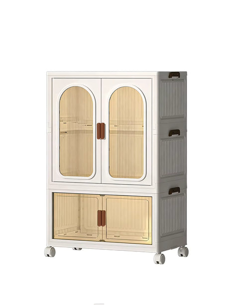 A tall rolling storage cabinet with a white frame, translucent beige ribbed glass doors, and a gray side panel with three stacked storage bins and dark handles, shown on a plain white background.