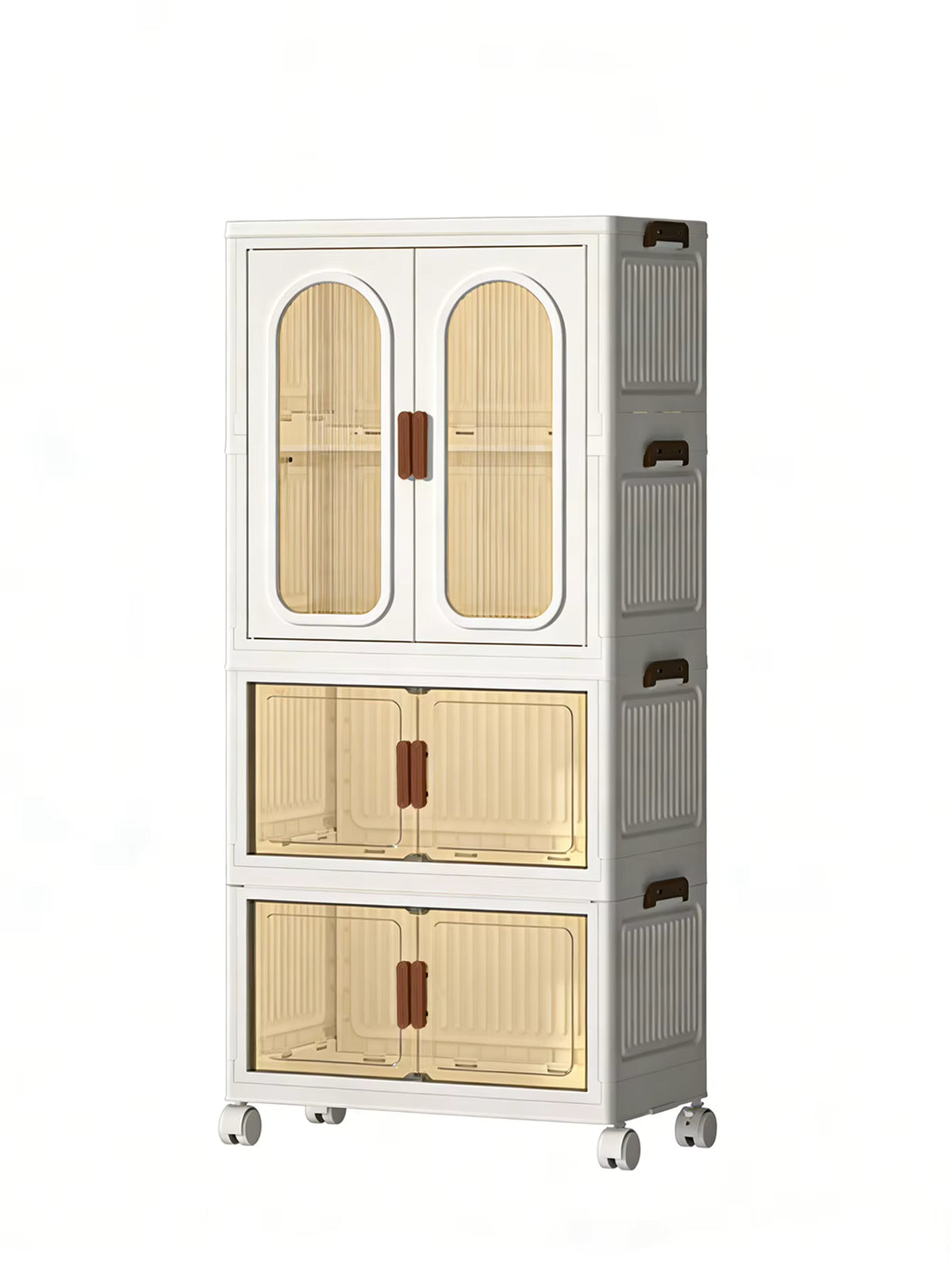 A tall, modular plastic storage cabinet with a white frame, beige ribbed doors, and a gray side panel with dark handles, shown on a plain white background.