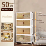 A white four-layer plastic storage cabinet with clear doors, shown in a bedroom setting next to a bed. The image includes dimension callouts for height and width, text indicating a 50 cm face width, and small inset images demonstrating quick installation and magnetic double doors.