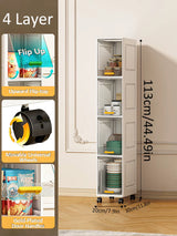 A tall, narrow 4-layer storage cabinet with a flip-up door and wheels, shown in a room setting with overlaid dimensions (113cm height, 20cm width, 30cm depth) and feature callouts on the left.