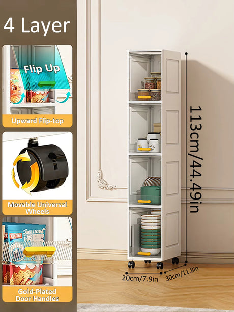 A tall, narrow 4-layer storage cabinet with a flip-up door and wheels, shown in a room setting with overlaid dimensions (113cm height, 20cm width, 30cm depth) and feature callouts on the left.