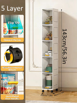 A tall white 5-layer storage cabinet with door handles and wheels, shown in a room setting with overlaid dimensions and feature callouts on the left side.