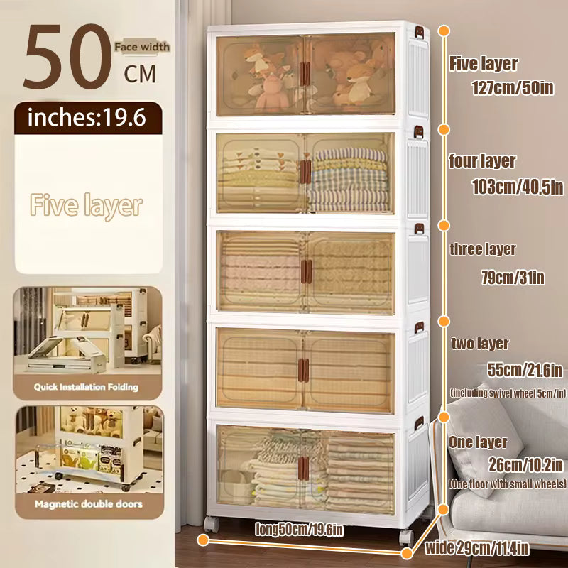 A white plastic storage cabinet with five transparent doors, shown folded and unfolded with dimension callouts on a beige promotional background. The image includes text showing layer heights, face width, and one-foot width, plus small inset photos of the cabinet in use.