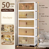 A white plastic storage cabinet with five transparent doors, shown folded and unfolded with dimension callouts on a beige promotional background. The image includes text showing layer heights, face width, and one-foot width, plus small inset photos of the cabinet in use.