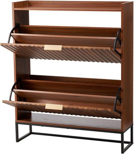 Wooden bookshelf with metal legs on a white background