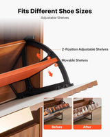Shoe rack with adjustable shelves showing before and after usage on a white background.