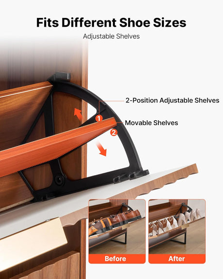 Shoe rack with adjustable shelves showing before and after usage on a white background.