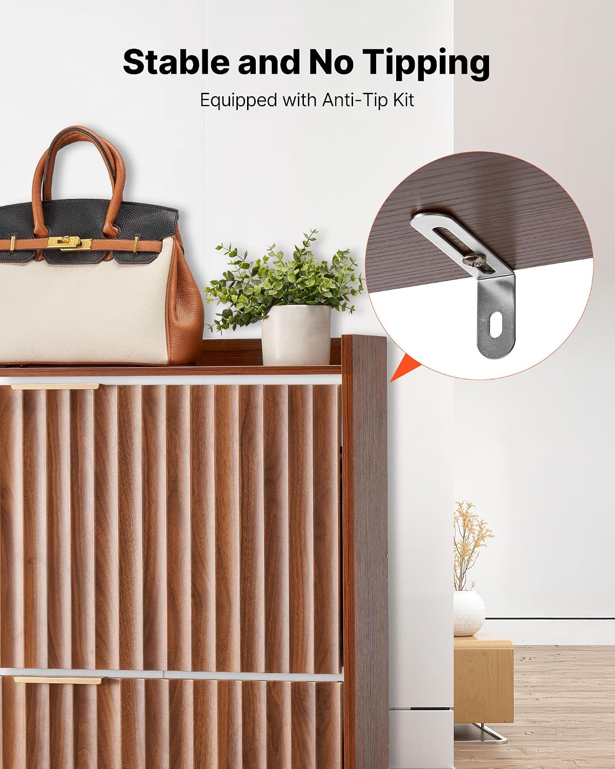 Wooden shelf with anti-tip bracket, handbags, and a plant on a white background.