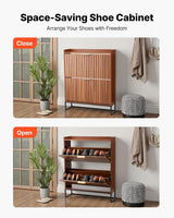 A space-saving shoe cabinet shown in two states: closed on the top half and open on the bottom half, set in a styled room with a plant, stool, and hanging coat. The image includes the text 'Space-Saving Shoe Cabinet' and 'Arrange Your Shoes with Freedom,' with orange labels 'Close' and 'Open.