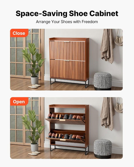 A space-saving shoe cabinet shown in two states: closed on the top half and open on the bottom half, set in a styled room with a plant, stool, and hanging coat. The image includes the text 'Space-Saving Shoe Cabinet' and 'Arrange Your Shoes with Freedom,' with orange labels 'Close' and 'Open.