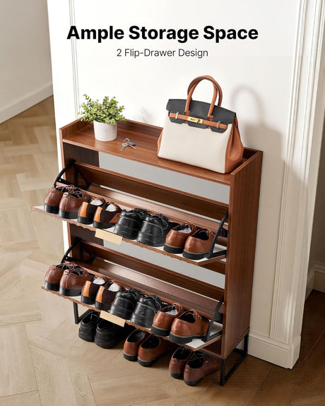 Wooden shoe rack with shoes, handbags, and a plant on a wooden floor.