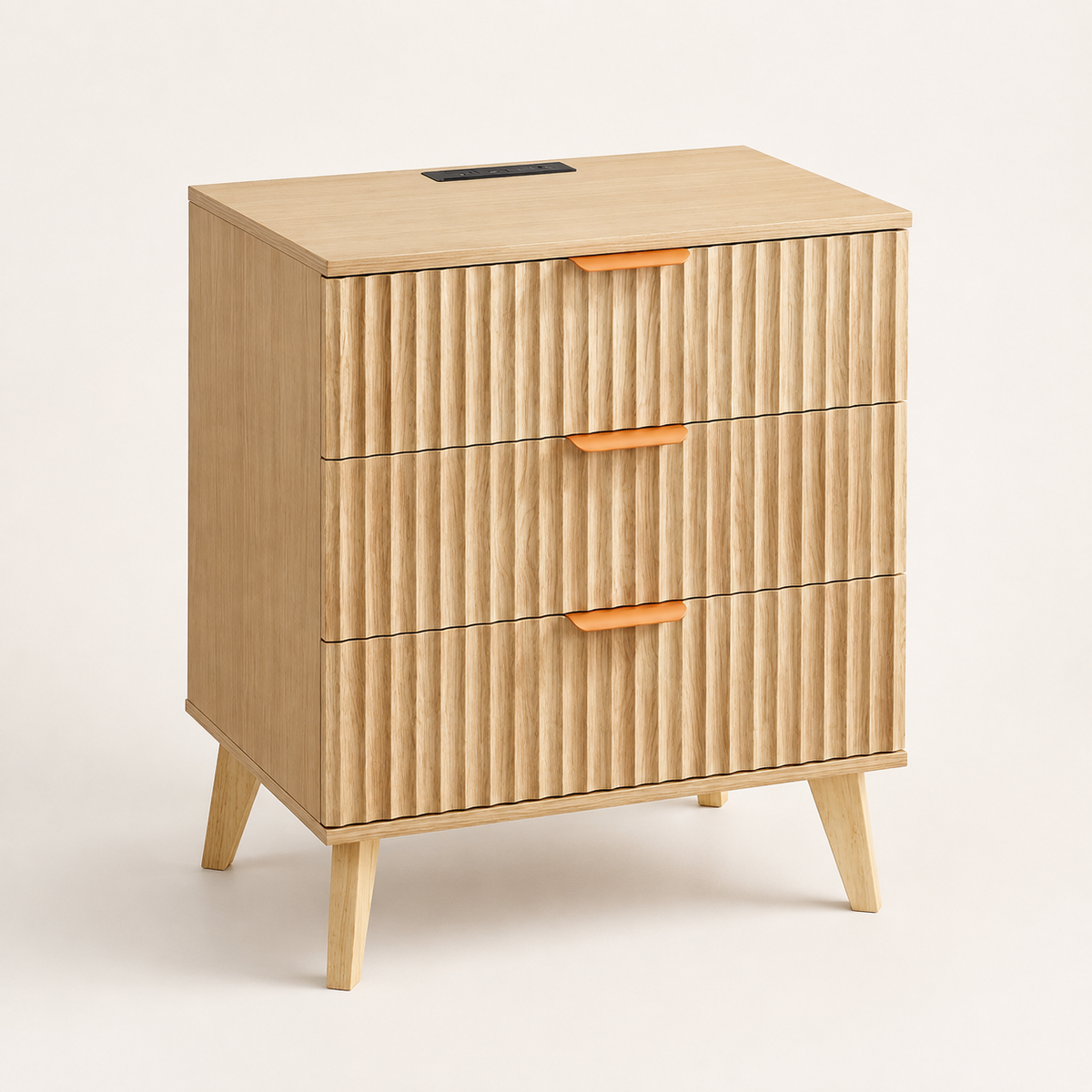 A mid-century modern wooden nightstand with three vertically fluted drawers, tapered legs, and orange handles, shown on a clean off-white background.