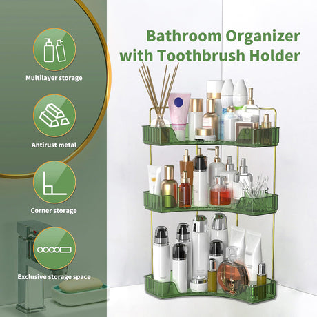 Bathroom organizer with toothbrush holder and cosmetic products on a white background