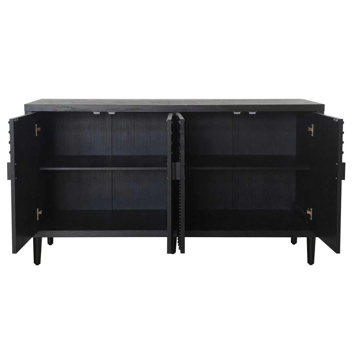 Black four-door sideboard shown open with two spacious interior storage compartments