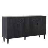 Black four-door sideboard with textured panels and tapered wooden feet on a plain background