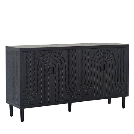 Black four-door sideboard with textured panels and tapered wooden feet on a plain background