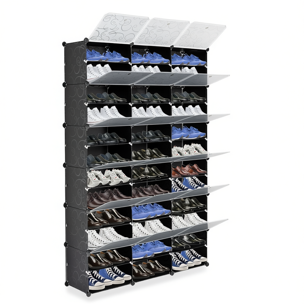 A 12-tier modular shoe rack organizer shown filled with various shoes, featuring a black frame with white slanted shoe trays and three hinged white lids on top, set against a plain white background.