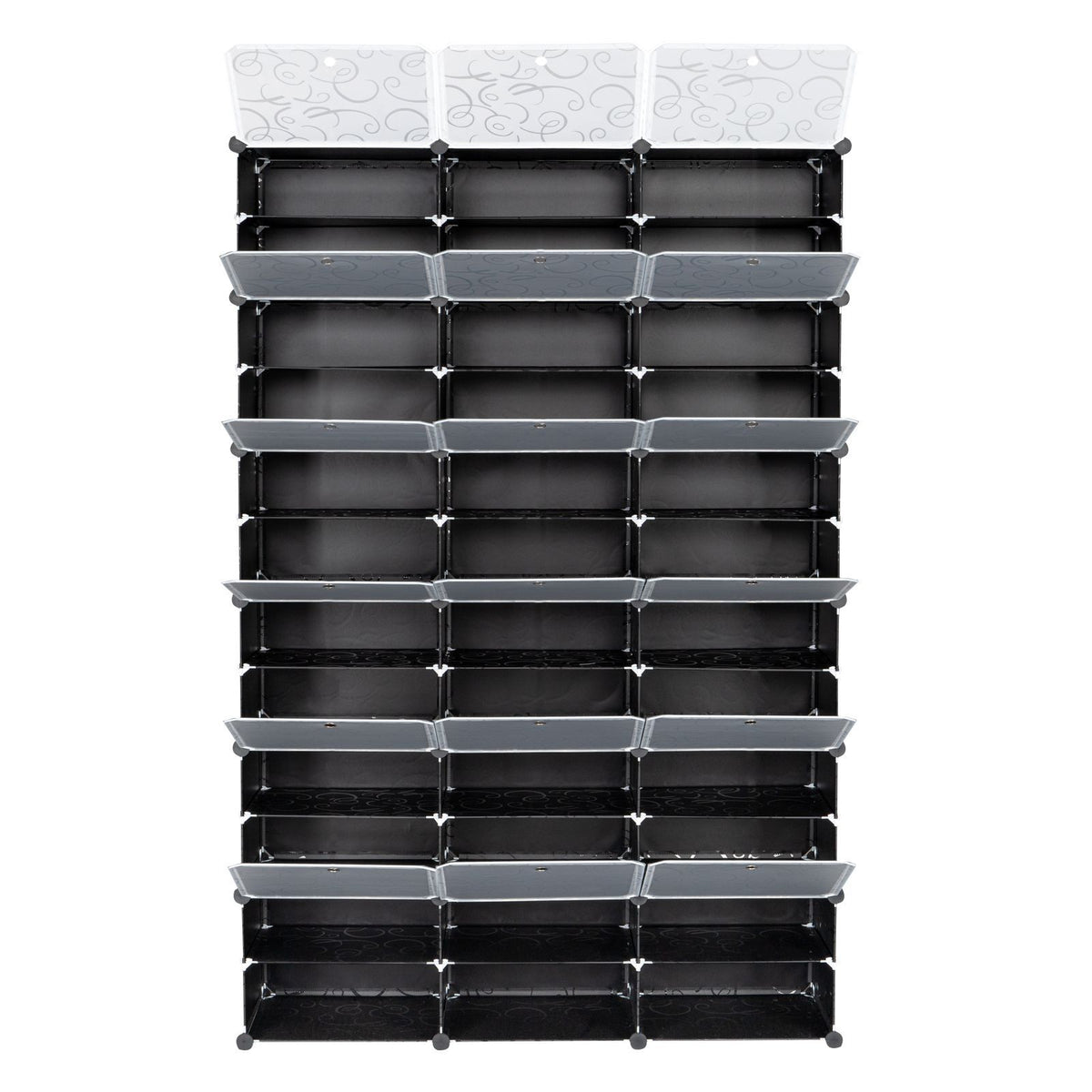 A black plastic organizer rack with multiple rectangular compartments and three white decorative hanging tabs at the top, shown against a plain white background.