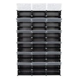 A black plastic organizer rack with multiple rectangular compartments and three white decorative hanging tabs at the top, shown against a plain white background.