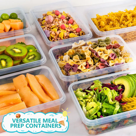 Clear plastic meal prep containers filled with colorful foods including pasta, sliced kiwi, melon, fruit granola, and salad, shown on a light background with a 'VERSATILE MEAL PREP CONTAINERS' badge.