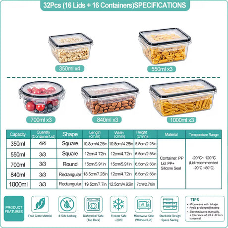 A product specification and quantity chart for a 32-piece set of clear plastic food storage containers with lids. The chart shows five sizes of containers (350ml, 550ml, 700ml, 840ml, and 1000ml) with images of the containers filled with nuts, fruit, and vegetables, along with a detailed table of dimensions, quantity, and material information.