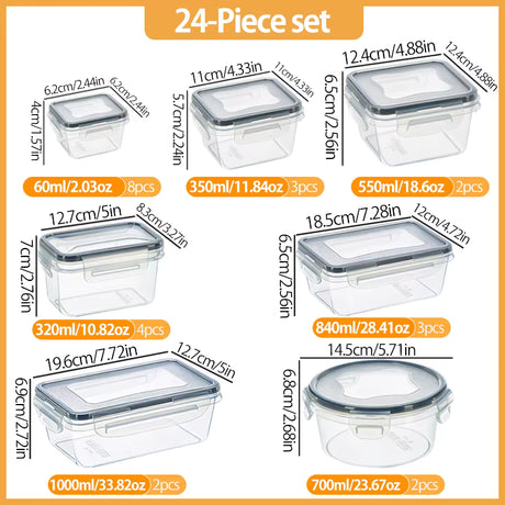 A 24-piece set of clear plastic storage containers with dark lids, shown in multiple sizes with printed dimensions and quantity labels on a white background with an orange header.